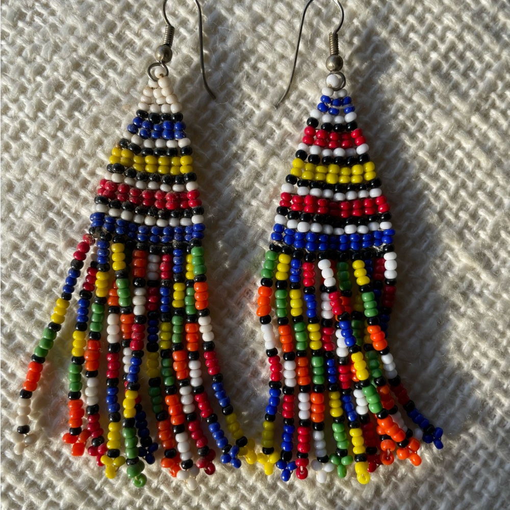 Striped multicolored fringe 3.5” seed bead earrings